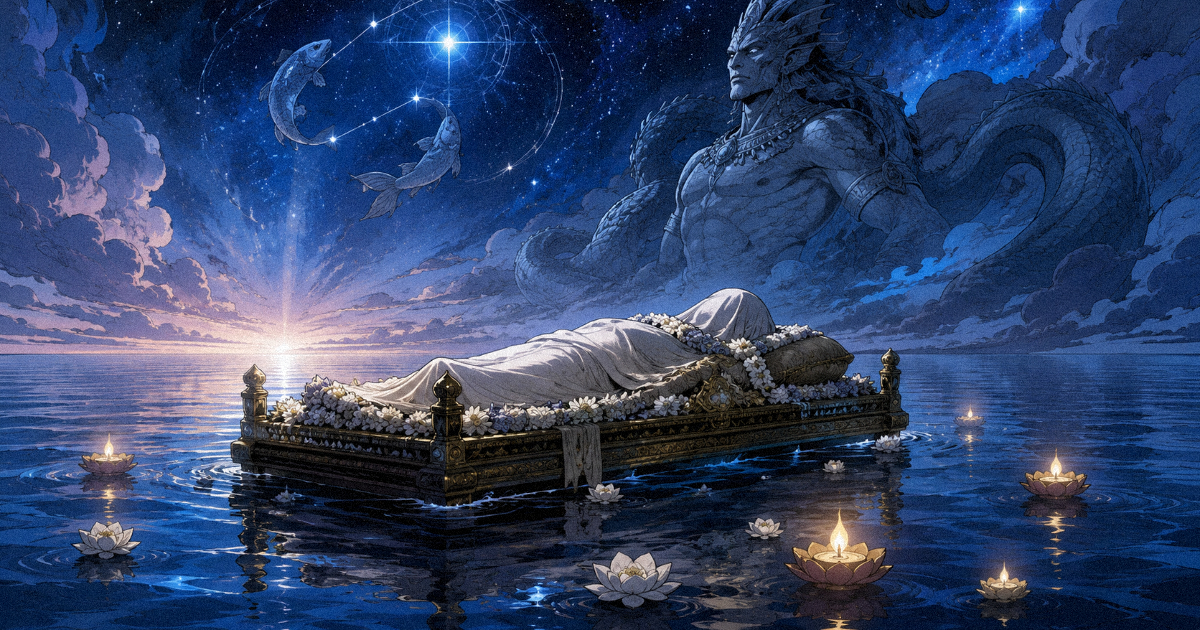 A stylized funeral cot resting on a calm ocean, symbolizing the transition to spiritual peace and wisdom of Uttara Bhadrapada Nakshatra.