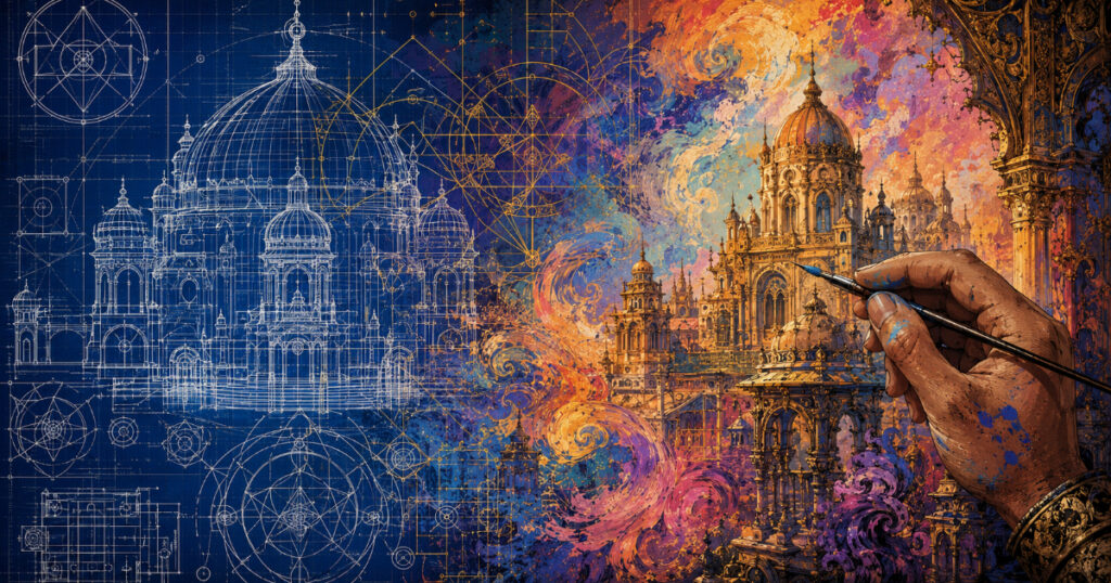 Chitra Nakshatra: The Architect of Form and the Jewel of the Heavens A complex architectural blueprint overlapping with a vibrant, artistic painting, representing the dual nature of Chitra Nakshatra.