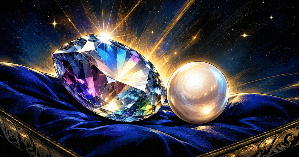 Chitra Nakshatra: The Architect of Form and the Jewel of the Heavens A brilliant, multi faceted gemstone and a glowing pearl, representing the transformative and beautiful energy of Chitra Nakshatra.