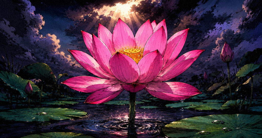 A vibrant pink lotus flower rising above dark pond water, symbolizing the resilience and purity of Anuradha Nakshatra.