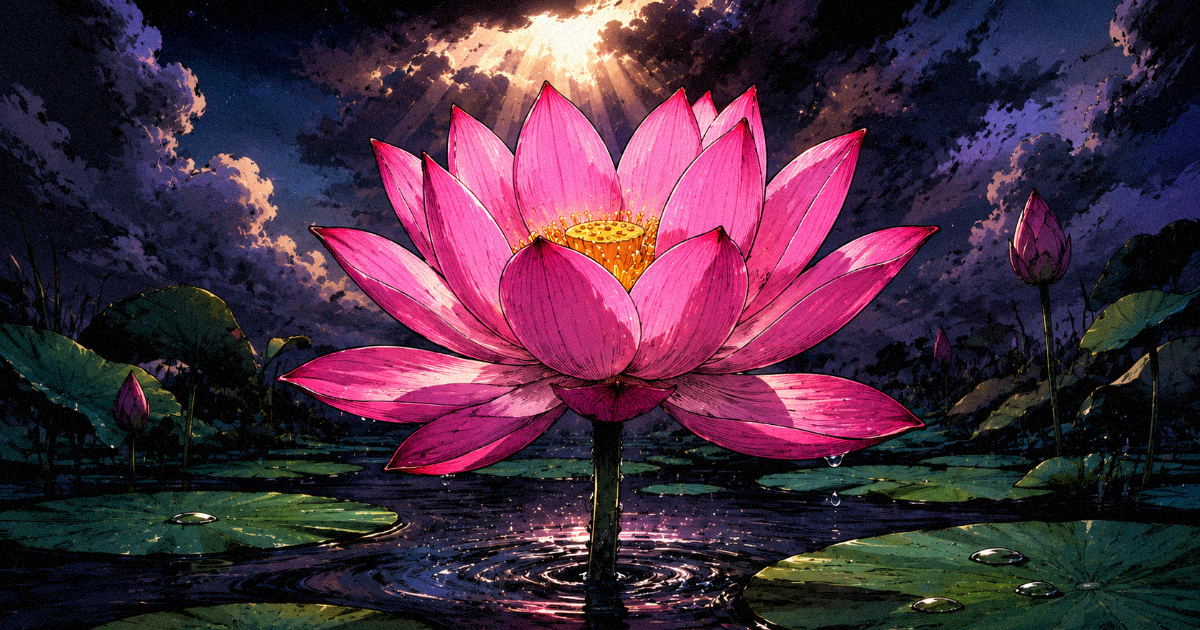 A vibrant pink lotus flower rising above dark pond water, symbolizing the resilience and purity of Anuradha Nakshatra.