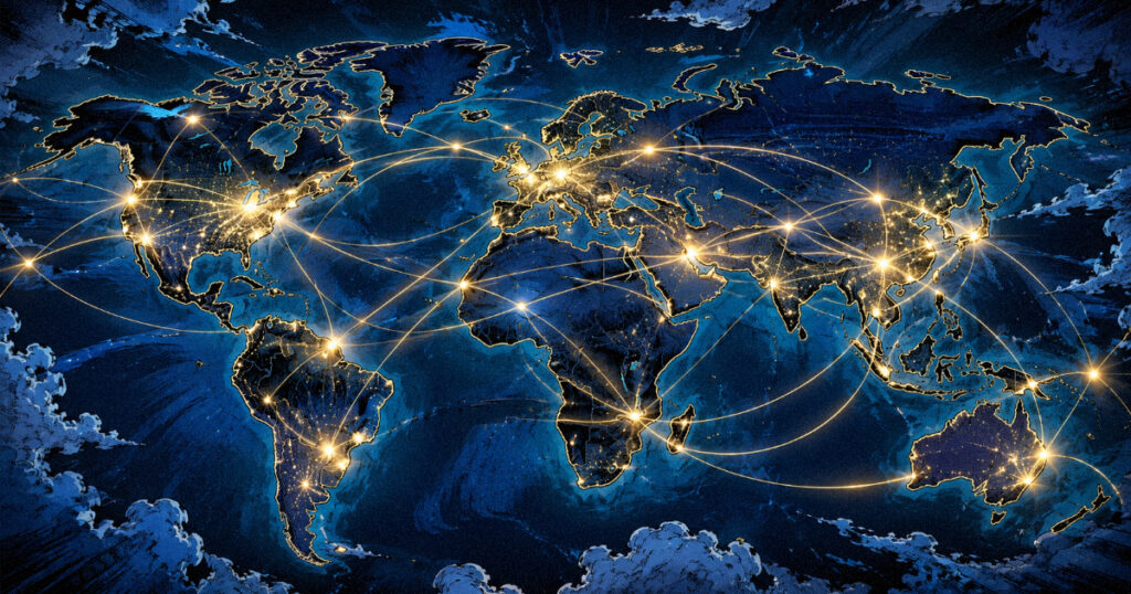 A digital map of the world with glowing lines connecting cities, symbolizing the networking and trade energy of Swati Nakshatra.