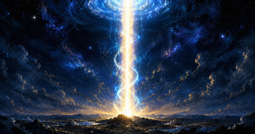 Purva Bhadrapada nakshatra: The mystic star of transformation and higher truth A glowing pillar of light rising from the earth to the stars, symbolizing the spiritual elevation and transformative power of Purva Bhadrapada Nakshatra.