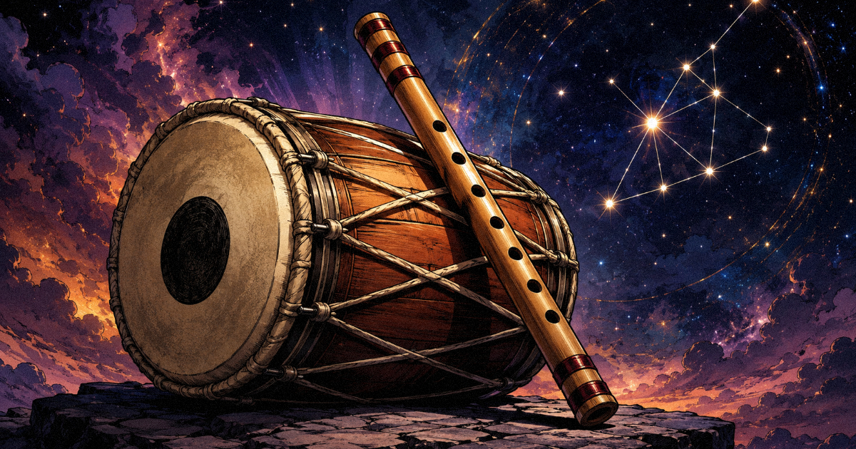 A traditional drum and a flute resting against each other, representing the rhythmic and melodic wealth of Dhanishta nakshatra.