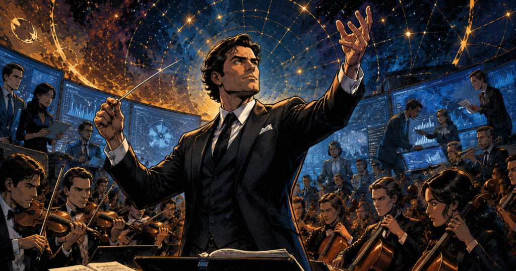 Dhanishta nakshatra: The star of symphony, wealth, and heroic action A leader conducting a symphony or managing a complex project, representing the rhythmic success of Dhanishta nakshatra.
