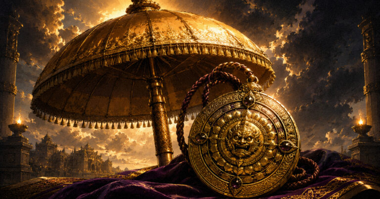A golden royal umbrella and an ancient protective talisman, representing the authority and mystical protection of Jyeshta Nakshatra.