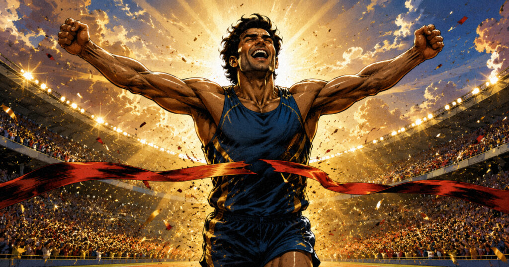 Vishakha Nakshatra: The Forked Path of Ambition and Triumph An athlete breaking through a tape at a finish line, symbolizing the goal oriented and triumphant nature of Vishakha Nakshatra.