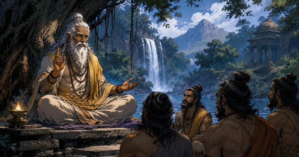 Uttara Bhadrapada nakshatra: The star of deep wisdom and inner enlightenment A wise sage teaching in a tranquil environment, representing the meditative wisdom and leadership of Uttara Bhadrapada Nakshatra.