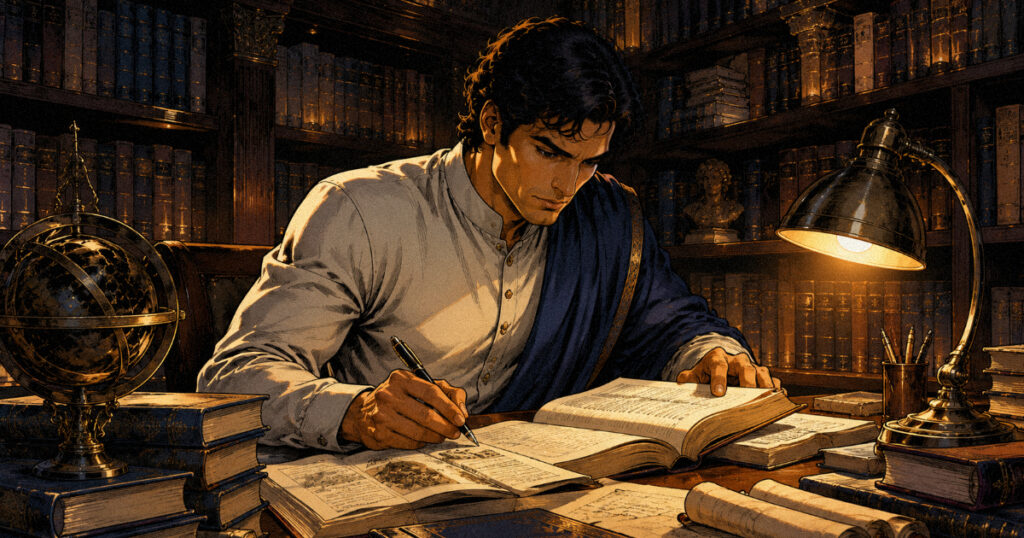 Shravana nakshatra: The star of listening, wisdom, and cosmic knowledge A dedicated scholar sitting in a library with books, representing the research and knowledge-seeking nature of Shravana nakshatra.