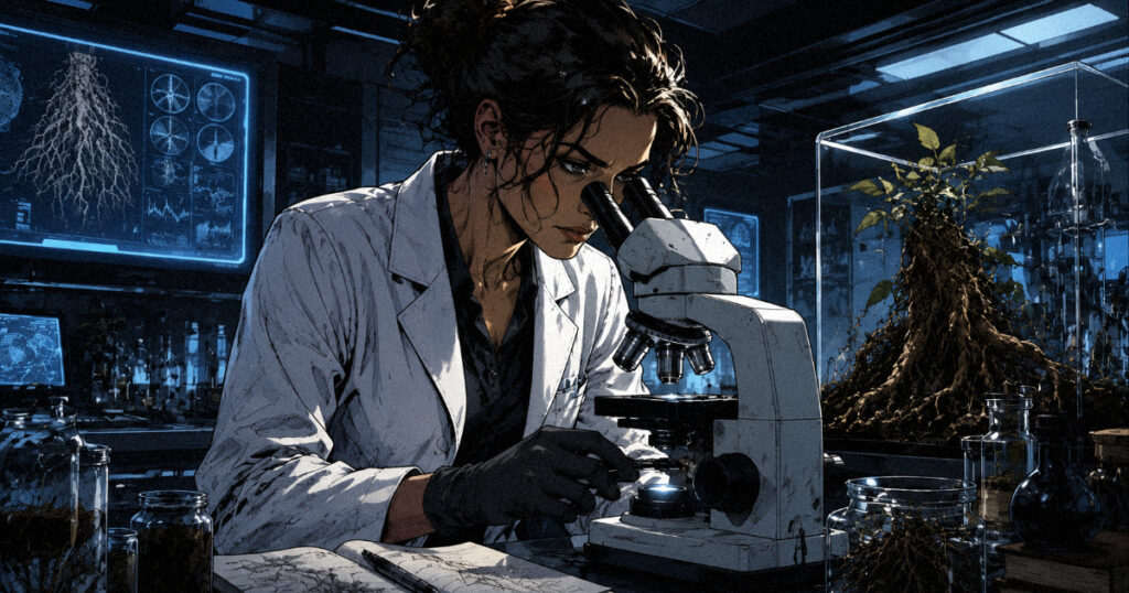 Mula Nakshatra: The Galactic Root and the Power of Radical Truth A scientist focused on a microscope in a high-tech lab, representing the deep research and investigative nature of Mula Nakshatra.