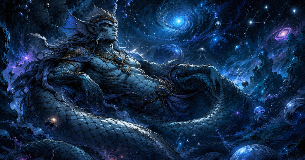 Uttara Bhadrapada nakshatra: The star of deep wisdom and inner enlightenment An artistic representation of Ahir Budhnya, the serpent deity, resting in the deep cosmic ocean, symbolizing the hidden wisdom of Uttara Bhadrapada Nakshatra.