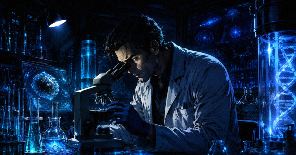 Shatabhisha nakshatra: The mystical star of a thousand healers and hidden truths A focused scientist working alone in a dark, glowing biotechnology lab, representing the isolated brilliance of Shatabhisha Nakshatra.
