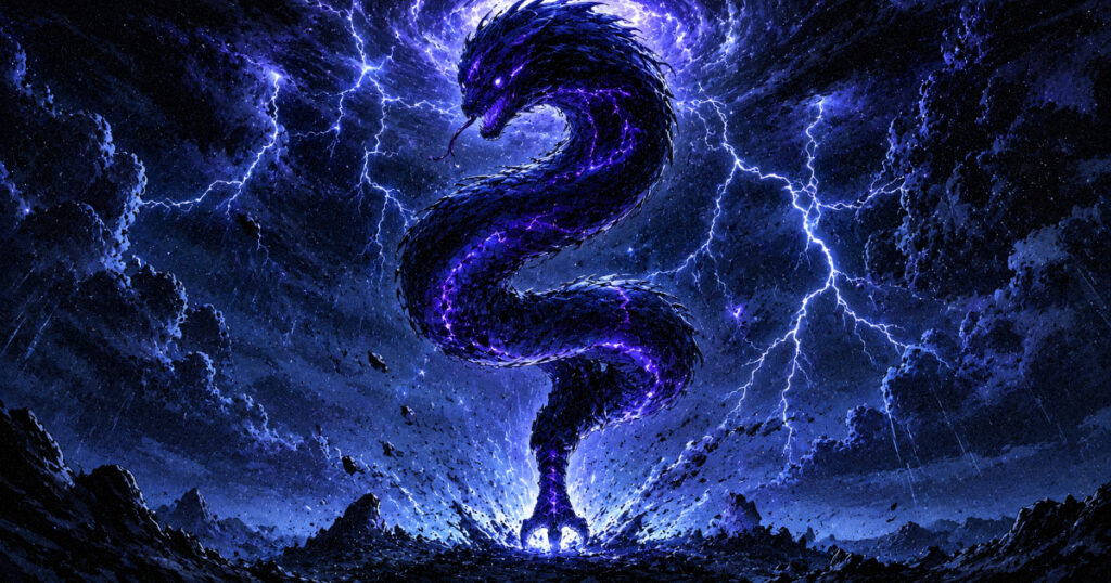 Purva Bhadrapada nakshatra: The mystic star of transformation and higher truth An artistic representation of a storm and a one-footed serpentine form, symbolizing the fierce and purifying energy of Aja Ekapada.