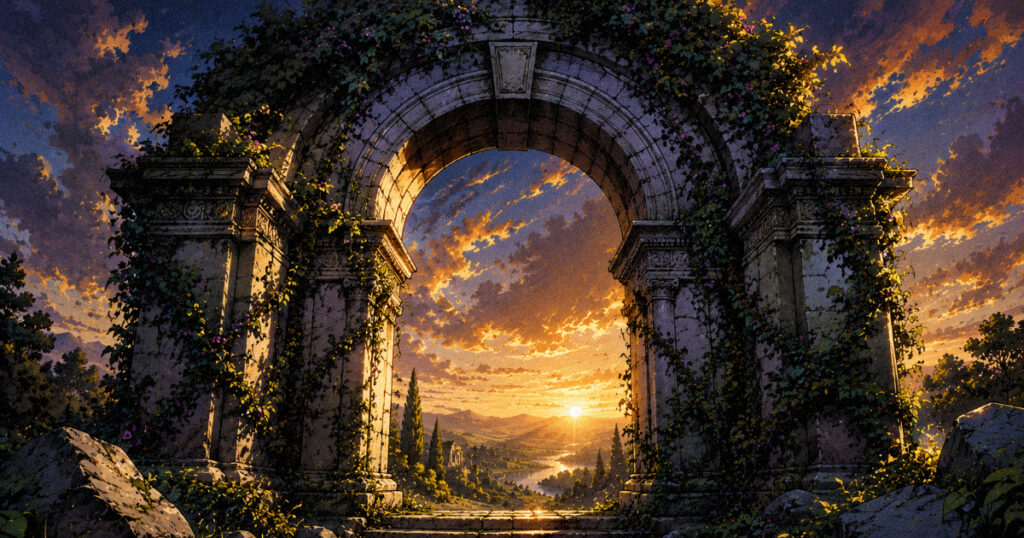 A sturdy stone archway covered in vines, representing the combined energy of Saturnian structure and the organic growth of Anuradha.