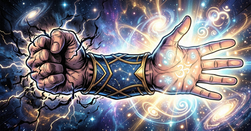 Hasta Nakshatra: The Dexterity of the Hand and the Light of Savitur A stylized depiction of a human hand showing both a closed fist and an open palm, representing the control and the healing power of Hasta Nakshatra.
