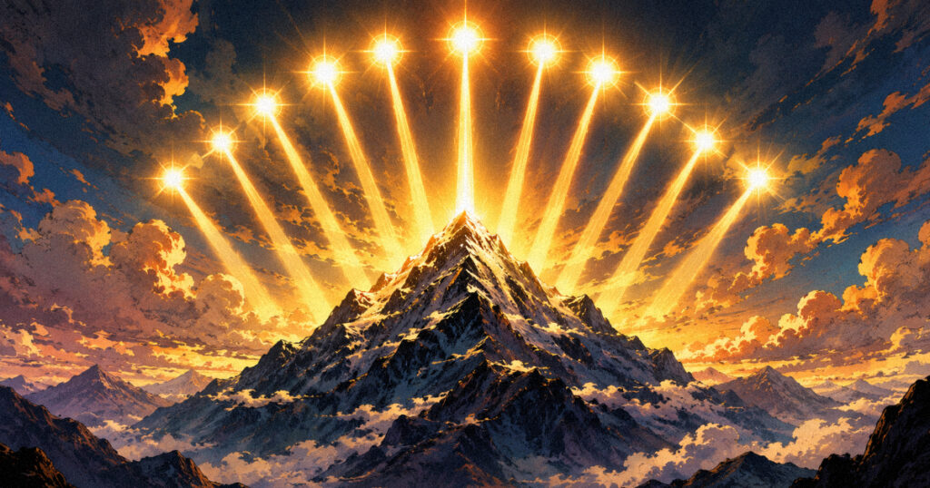 Uttarashadha nakshatra: The universal star of final victory Artistic depiction of ten radiant lights shining over a mountain, representing the Vishwadevas of Uttarashadha Nakshatra.