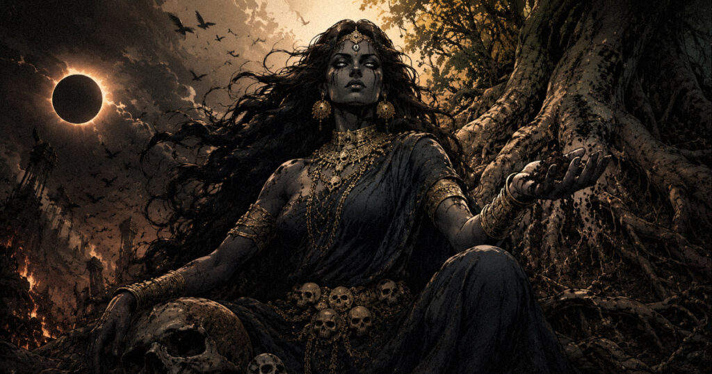 Mula Nakshatra: The Galactic Root and the Power of Radical Truth An artistic representation of a dark, powerful goddess figure associated with the earth and transformation, symbolizing Nirriti and Mula.