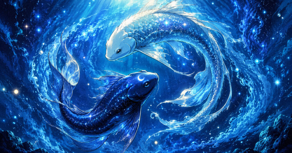 Revati nakshatra: The final star of wealth, safety, and spiritual journey Two celestial fish swimming harmoniously in an illuminated blue ocean, representing the fluidity and spiritual journey of Revati Nakshatra.