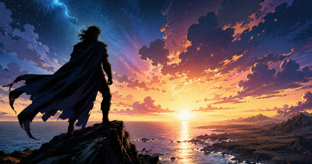 Purva Bhadrapada nakshatra: The mystic star of transformation and higher truth A silhouette of a leader looking toward the horizon, representing the idealistic and transformative spirit of Purva Bhadrapada.