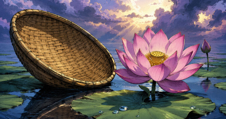 A woven winnowing basket next to a blooming lotus in still water, symbolizing the purification and growth of Purvashadha Nakshatra.