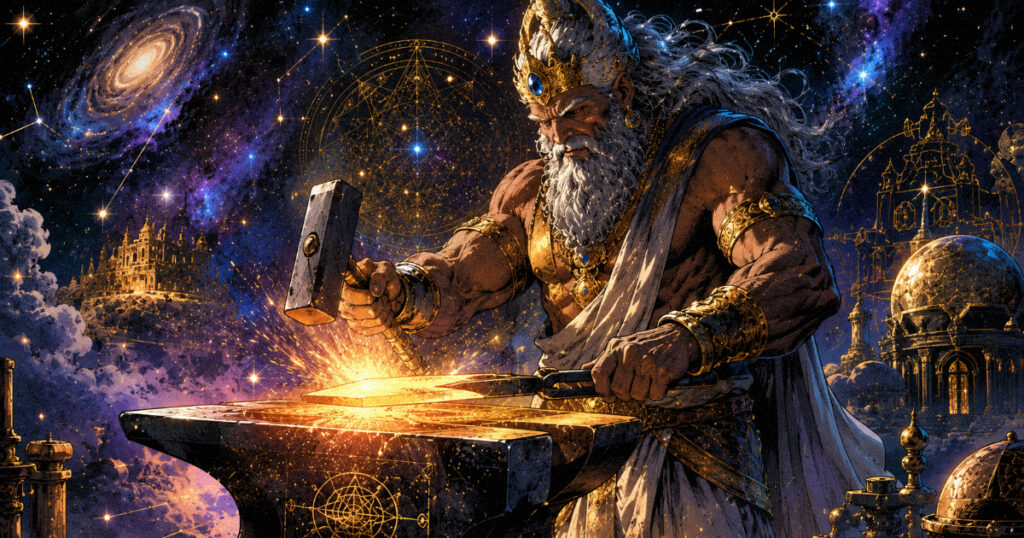 Chitra Nakshatra: The Architect of Form and the Jewel of the Heavens An artistic rendering of Tvastar (Vishwakarma) at a celestial anvil, symbolizing the architectural and creative power of Chitra.