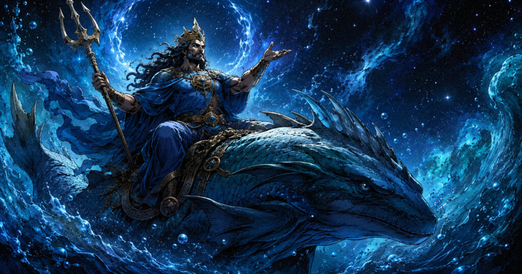 Shatabhisha nakshatra: The mystical star of a thousand healers and hidden truths An artistic rendering of Varuna riding a mythical sea creature in the cosmic waters, symbolizing the deep truth of Shatabhisha Nakshatra.