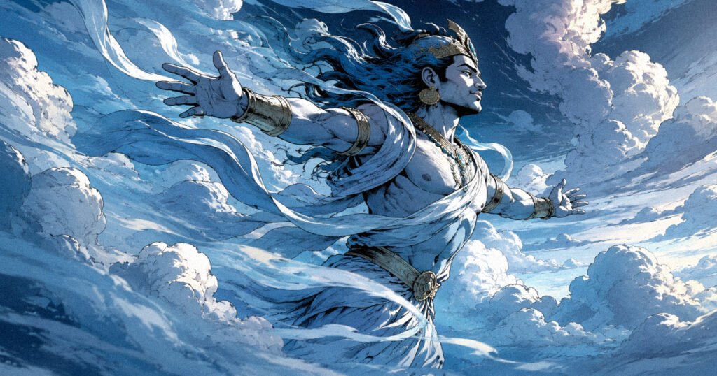 An artistic representation of Vayu, the deity of the wind, flowing through the clouds, symbolizing the movement of Swati.