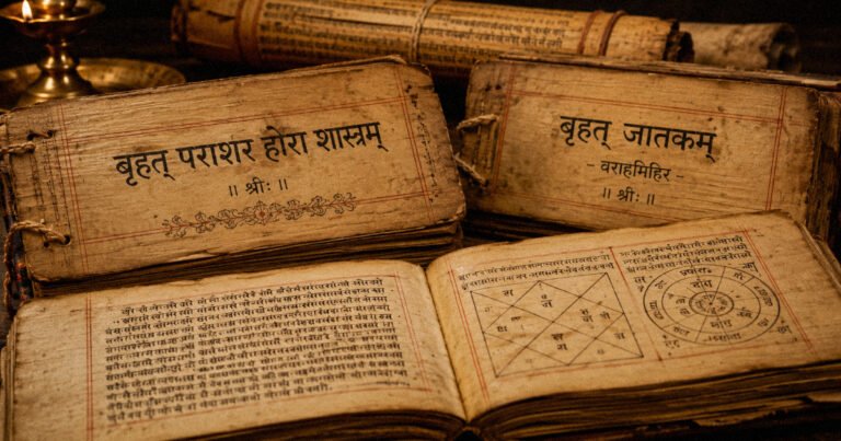 A photograph or artistic representation of ancient Sanskrit manuscripts or scrolls symbolising the classical Vedic astrology texts that describe Sunapha Yoga, including the Brihat Parashara Hora Shastra and Brihat Jataka by Varahamihira