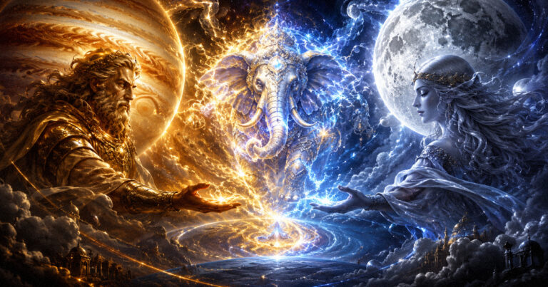 An artistic representation of Jupiter and Moon cosmic energies interacting to show Gajakesari yoga effects.