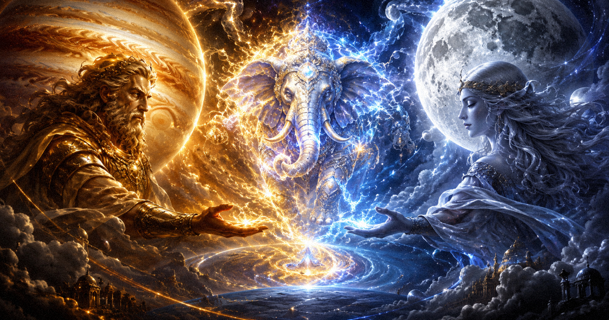 An artistic representation of Jupiter and Moon cosmic energies interacting to show Gajakesari yoga effects.