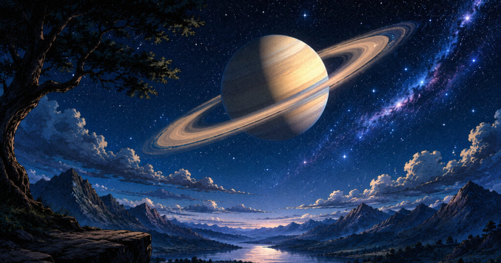 July 2026 Vedic astrology horoscope: your complete guide to all 12 signs A symbolic and beautiful image of Saturn in the night sky, representing the start of Saturn's retrograde on July 27, with a sense of stillness and inward contemplation