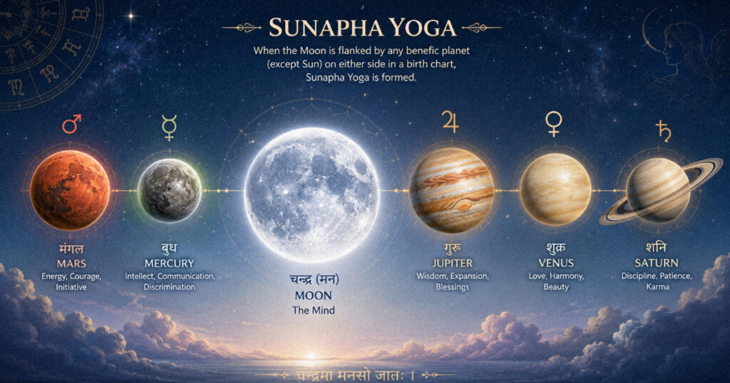 A serene illustration of the Moon as a symbol of the mind in Jyotish, surrounded by the five planets Mars, Mercury, Jupiter, Venus, and Saturn that can form Sunapha Yoga