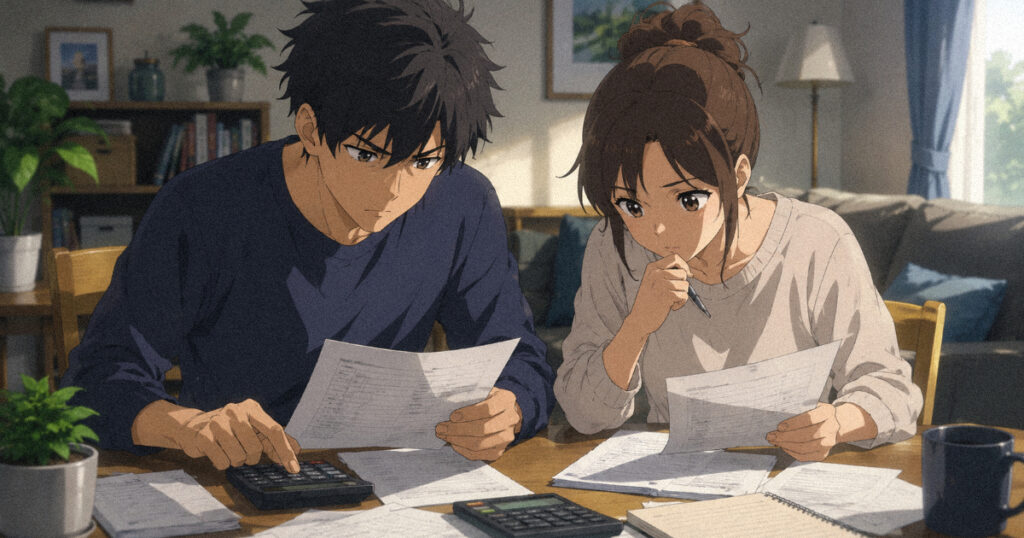 Saturn in the 7th house and marriage: why maturity matters more than age A young man and woman looking over documents and calculators at a wooden table, representing relationship maturity and reality checks.