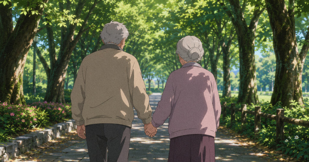Saturn in the 7th house and marriage: why maturity matters more than age An elderly couple holding hands tightly from behind while walking down a tree lined path, symbolizing a long lasting and durable marriage.