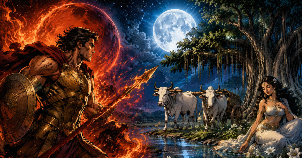 Mars in Rohini Nakshatra 2026: what this transit means for every house Visual representing Mars's fiery drive blending with Rohini Nakshatra's calm, sensual energy