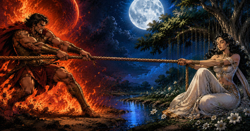 Mars in Rohini Nakshatra 2026: what this transit means for every house Conceptual image of tug of war representing Mars's impatience clashing with Rohini's slow pace
