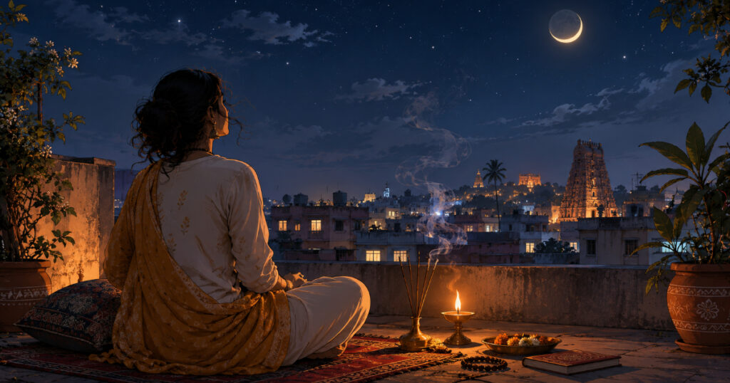 A person reflecting under the night sky during the Chaturmas season that begins on Ashadi Ekadashi