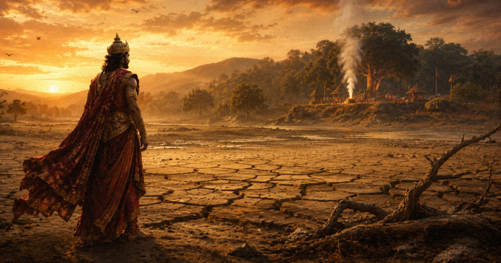King Mandhata walking toward the sage's hermitage during the Ashadi Ekadashi origin story