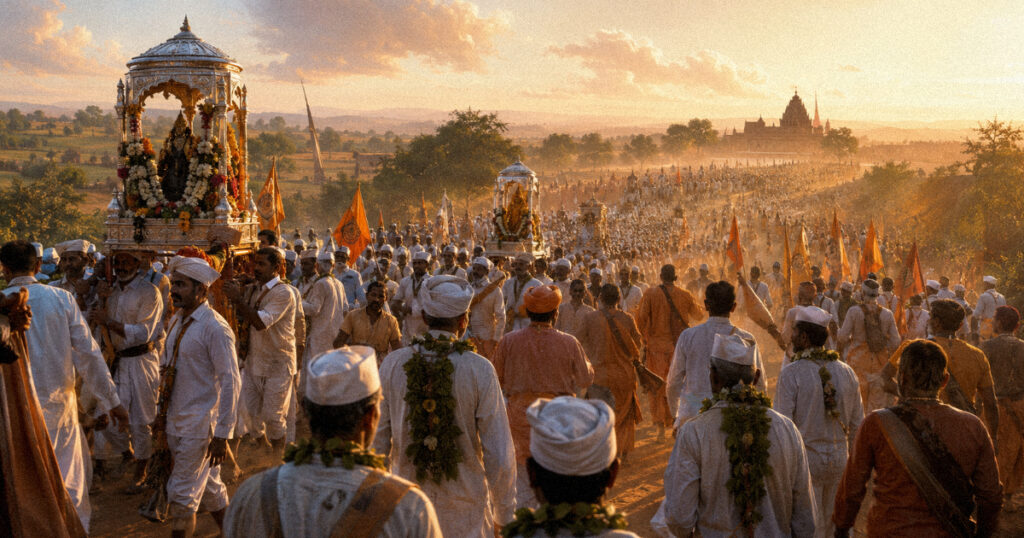 Warkari pilgrims walking to Pandharpur during the Ashadi Ekadashi Wari