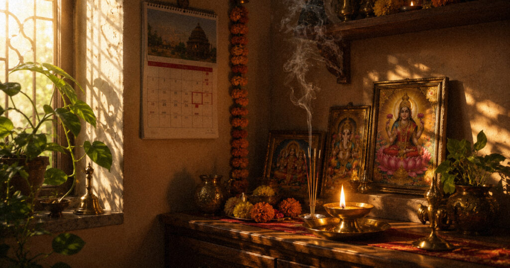 Morning home altar setup showing today's Panchang ritual