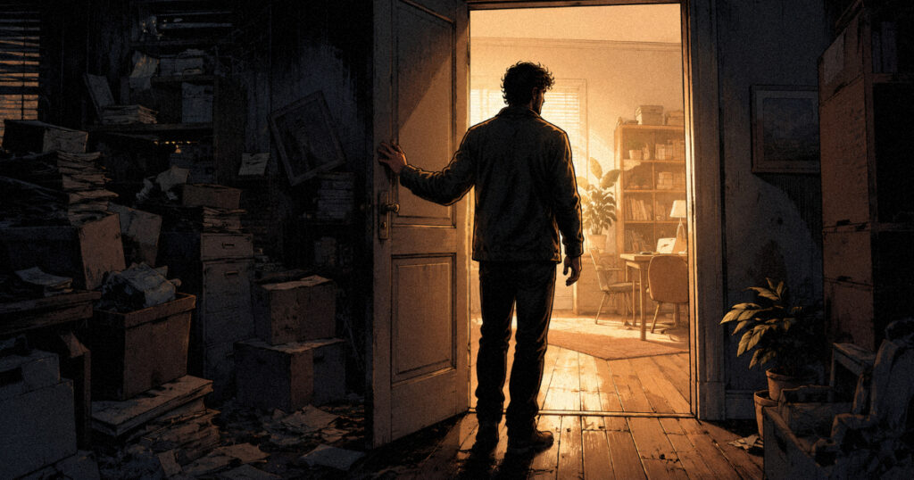 Saturn retrograde 2026: What it means for your rising sign A person standing between a cluttered dim room and a bright organised room, symbolising unfinished business resolving during Saturn retrograde