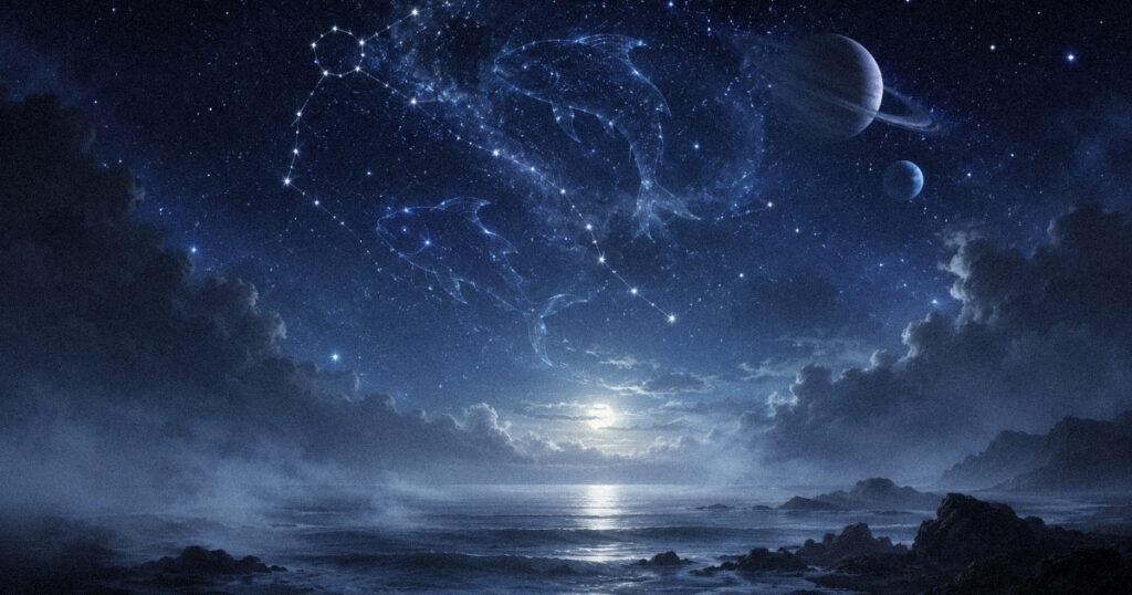 Saturn retrograde 2026: What it means for your rising sign Misty night sky over a calm ocean with faint Pisces constellation shapes, representing Saturn retrograde in Pisces