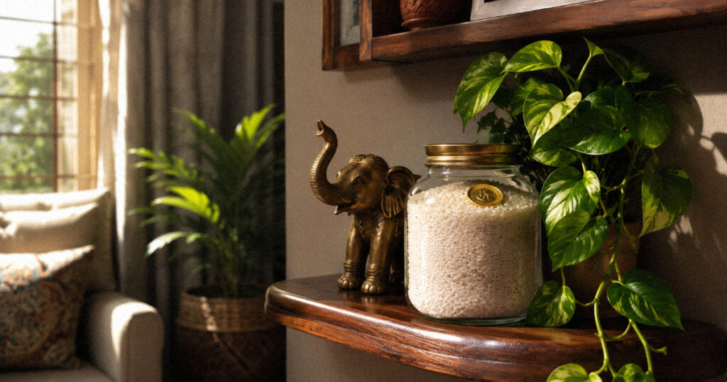 Home shelf arranged with Vastu items for wealth including money plant and elephant statue