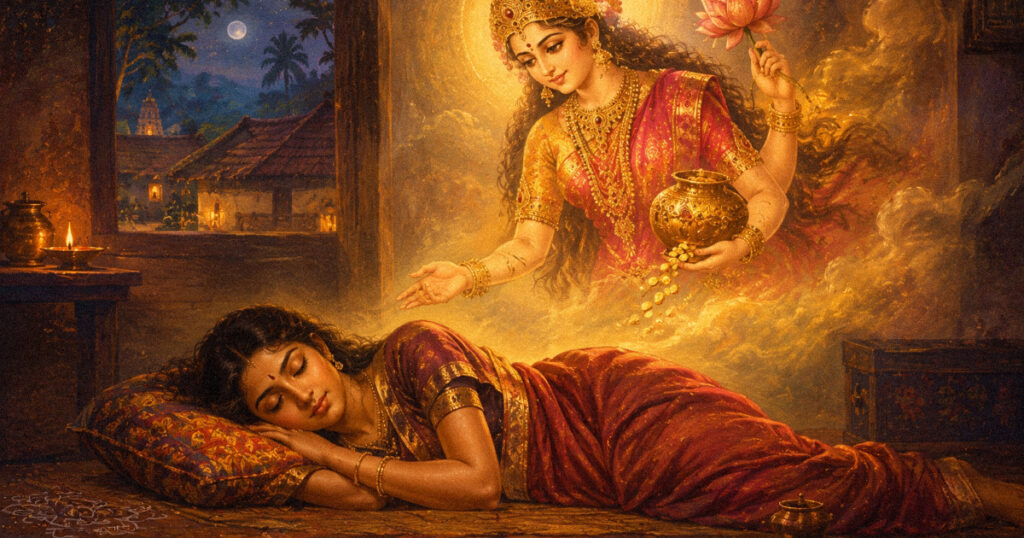 Illustration of Goddess Lakshmi appearing in Charumathi's dream