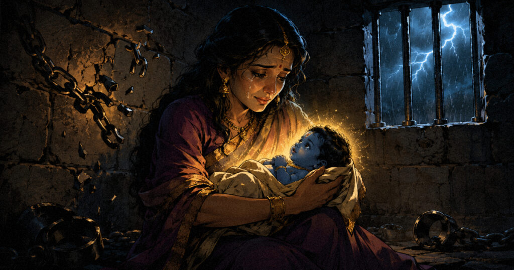 Krishna Janmashtami: The Story, Significance and Simple Rituals to Raise Your Energy Devaki holding baby Krishna in the Mathura prison cell during Janmashtami
