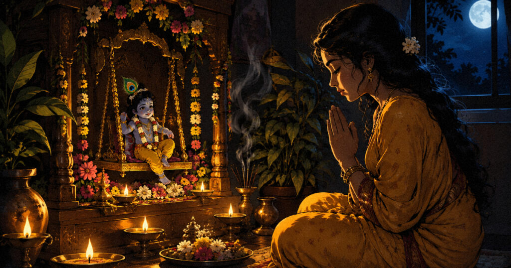 Krishna Janmashtami: The Story, Significance and Simple Rituals to Raise Your Energy Home altar setup for Janmashtami midnight puja with Krishna idol