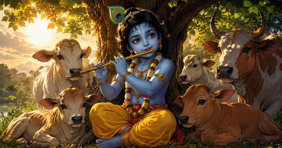 Young Krishna playing flute with cows in Vrindavan