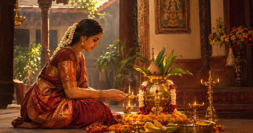 Woman performing Varalakshmi Vratam puja before a decorated kalasha at sunrise