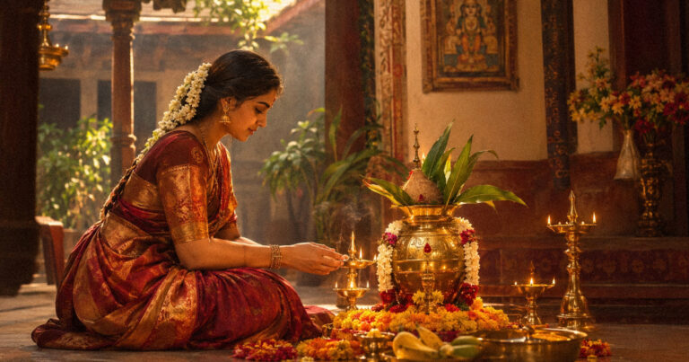 Woman performing Varalakshmi Vratam puja before a decorated kalasha at sunrise