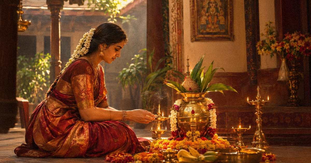 Woman performing Varalakshmi Vratam puja before a decorated kalasha at sunrise